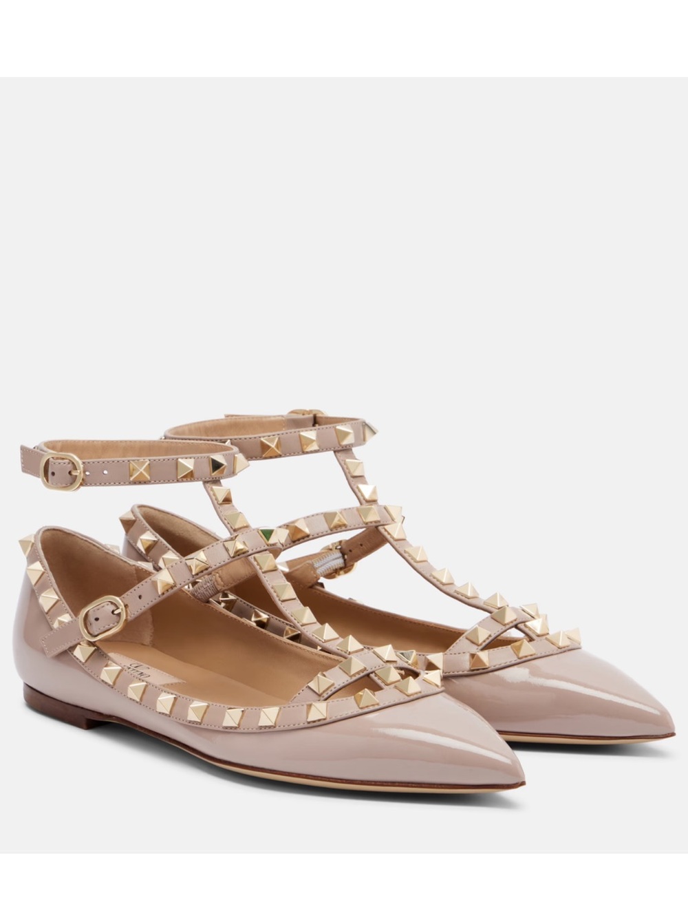 Valentino Garavani Nude Patent Leather Rockstud T-Strap Flats